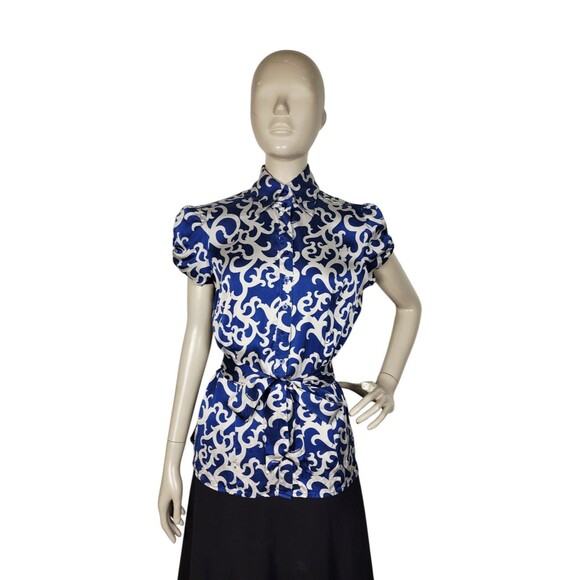 Vintage Y2k Bebe Silk Cobalt Grey Puff Sleeve Scroll Logo AOP Belted Blouse M/L - Picture 10 of 15